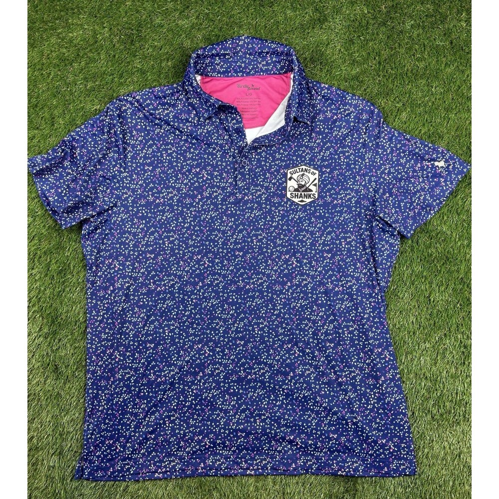 Funny Birdie Bound Men's Golf Polo Shirt Blue Pink Floral Large Stretch Shanks